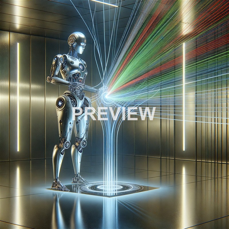 A humanoid robot with a metallic body is standing in a futuristic room, interacting with multicolored laser-like streams emanating from its hand, creating an intricate display of light.